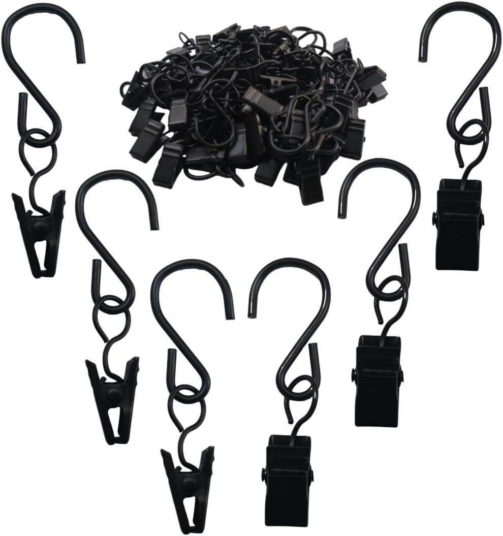 Stainless Steel S Hooks - Versatile Curtain Clips for Hanging Lights & Decorations | 2.4 Inch, Black, 40 Pcs
