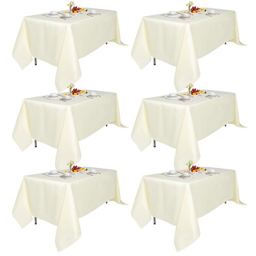 6 Pack 70x108-In Rect Light Beige Tablecloths-Reusable Polyester Table Covers – Protect from Spills (Not Waterproof) – for Weddings, Banquets, Parties – Ships Folded, Wrinkles Likely, Steam Before Use