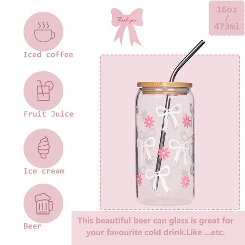 Ndahjahd Coquette Daisy Bow Glass Cup with Bamboo Lid & Straw - 16oz Aesthetic Tumbler, Leakproof Iced Coffee Cup for Women, Reusable Gift Set with Cleaning Brush(White)