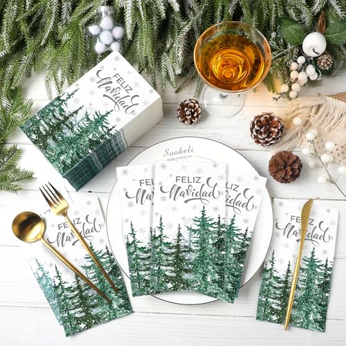 Feliz Navidad Christmas Napkins 3-Ply Disposable Hand Towels - 100 Pack