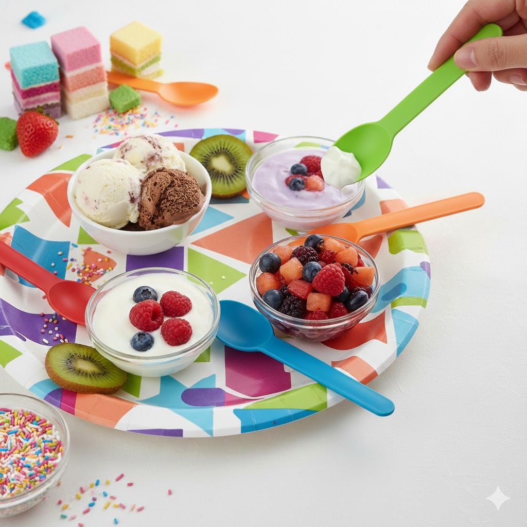 Heyiwell 50 Pieces Premium Plastic Wide Handle Spoons,Ice Cream Spoons Dessert Spoons 5.9" long,Random 5 Colors