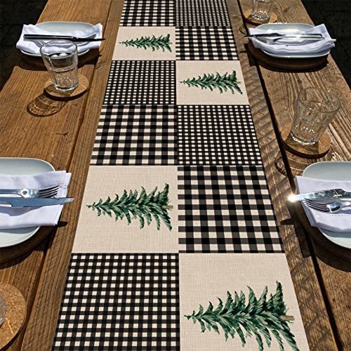 Seliem Pine Tree 13"x72" Black White Buffalo Plaid Table Runner