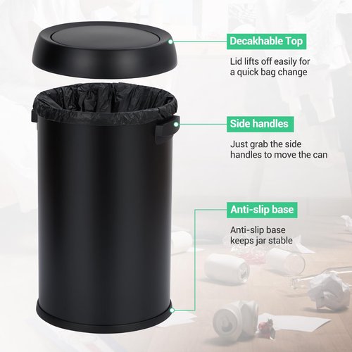Garvee 17 gal/65 L Trash Can, Fingerprint-Proof Stainless Steel Swing Top Garbage Can, Heavy Duty Commercial Round Trash Bin with Swing Lid for Restaurant, Home, Office, Black