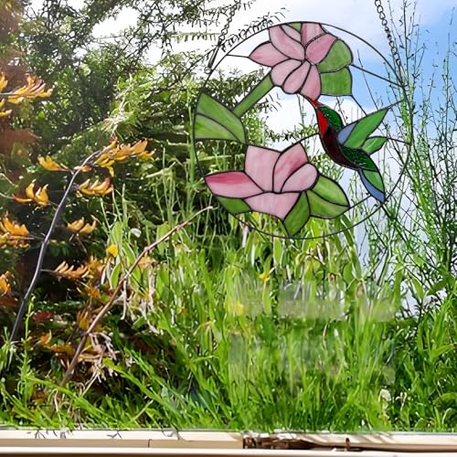 Handcrafted Stained Glass Hummingbird Window Panel - 12 inch