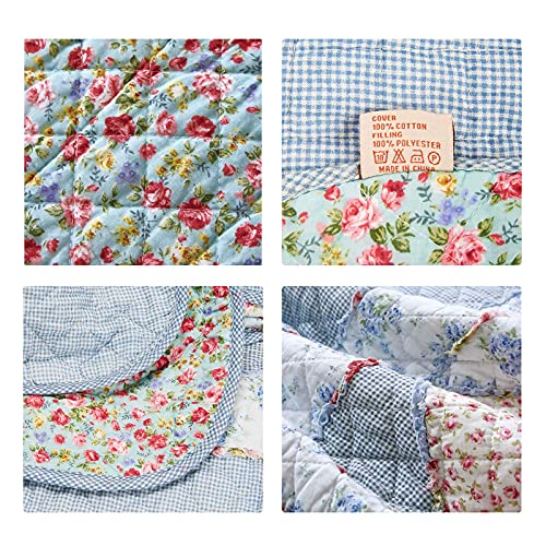 Twin Size Reversible Cotton Quilt - Blue Floral Patchwork Throw Blanket