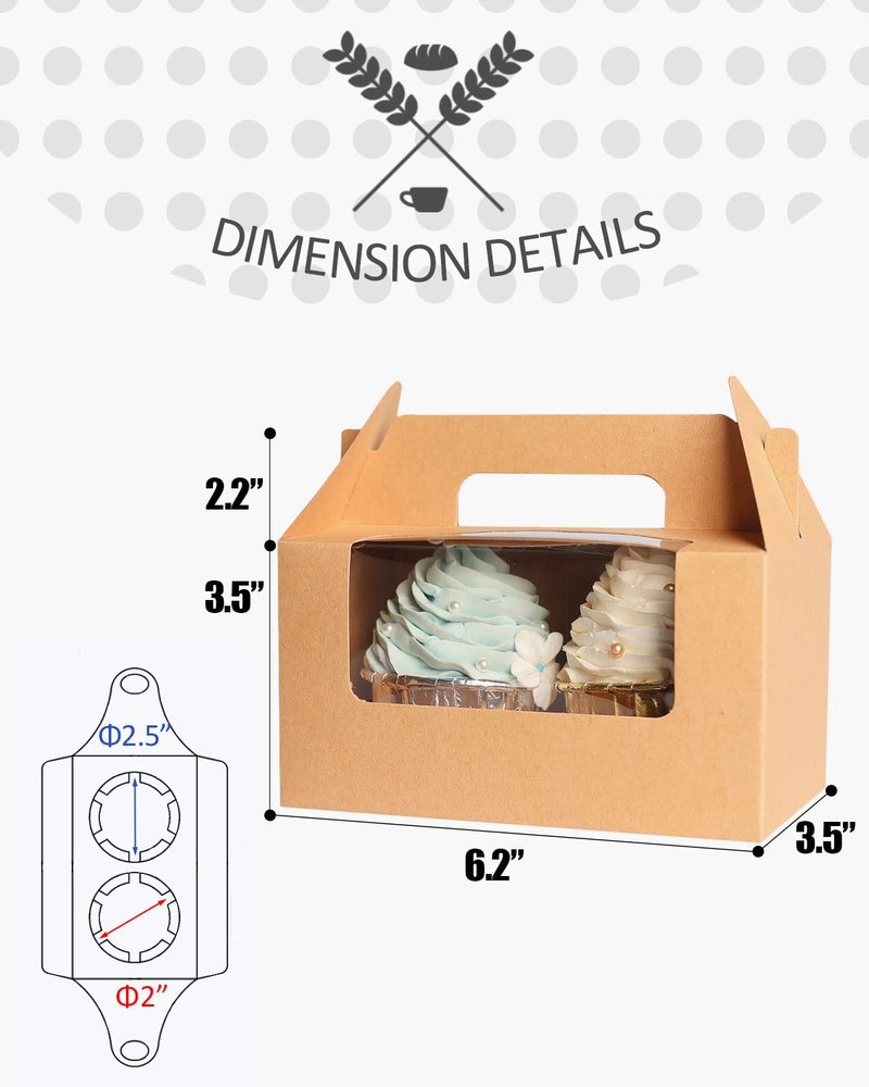 qiqee Black Cupcake Box Two Holder 6.5x3.6x3.5inch(2.2" Top) 50pcs 2 Cupcake Boxes With Window