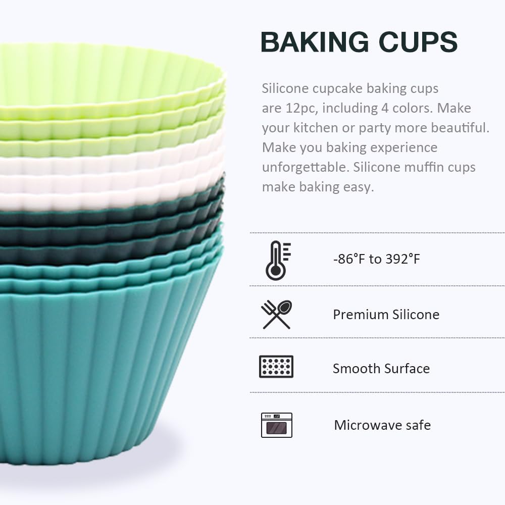 Skiennix Extra Large Silicone Muffin Cups - 12 Pcs Reusable Jumbo Baking Liners | 3.54 Inch, Easy to Clean, Green & White