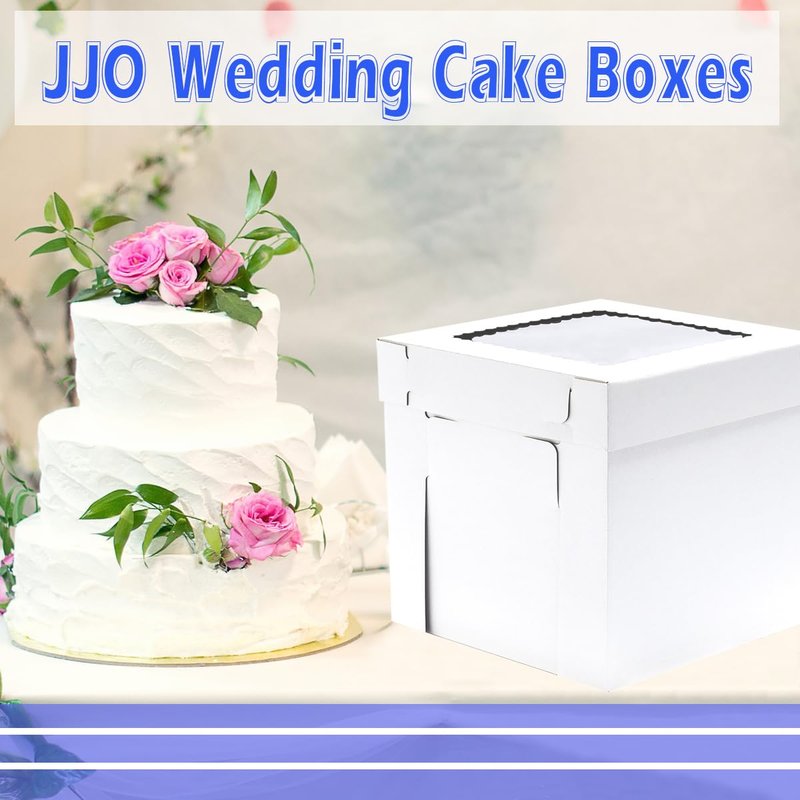 JJO Tall Cake Boxes for Tier Cakes, 14x14x12 Inches 3 Pack,Whie Cake Boxes with Window,Disposable Cake Containers, Sturdy Wedding Tall Cake Carrier