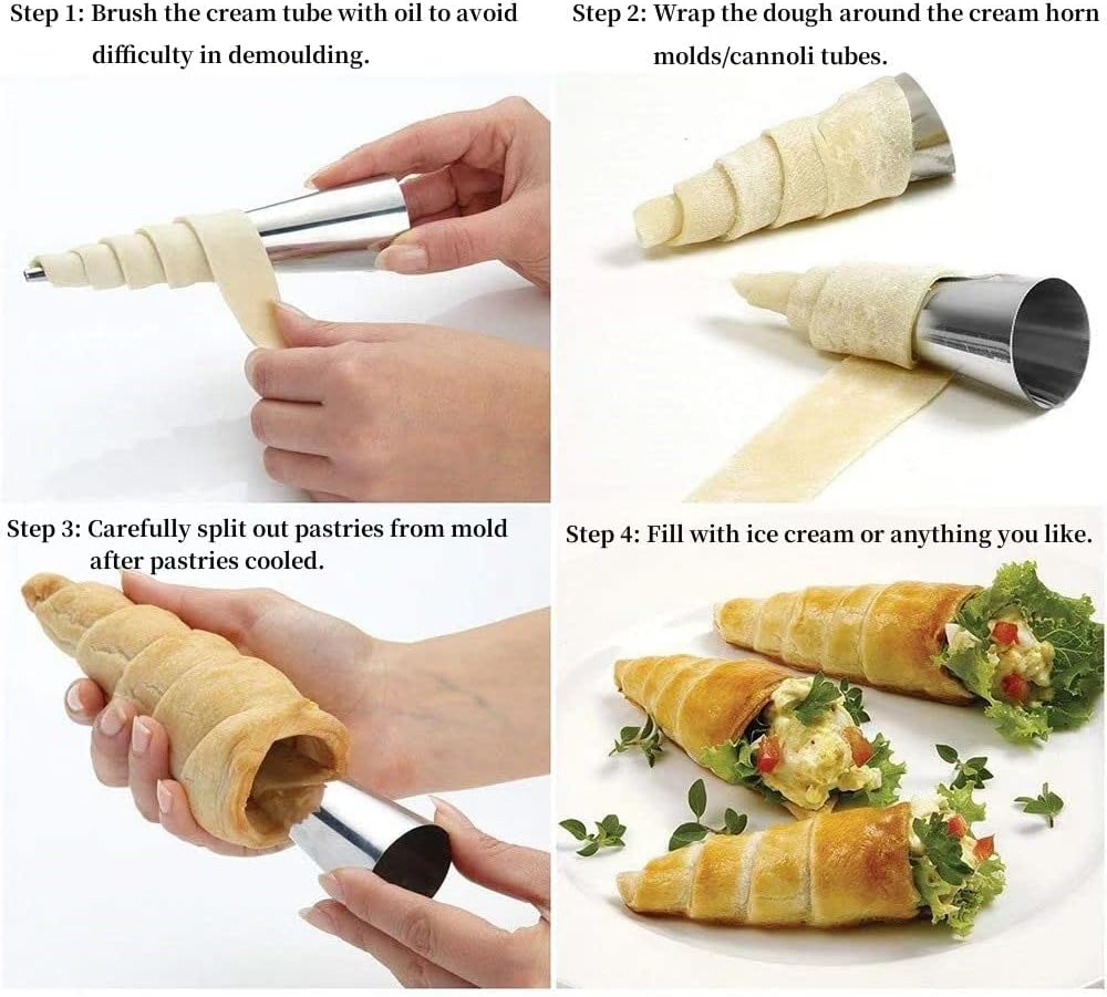 Skiennix Cream Horn Molds - 16 Pack 5-Inch Pastry Roll Molds with Piping Bags & Cleaning Brush