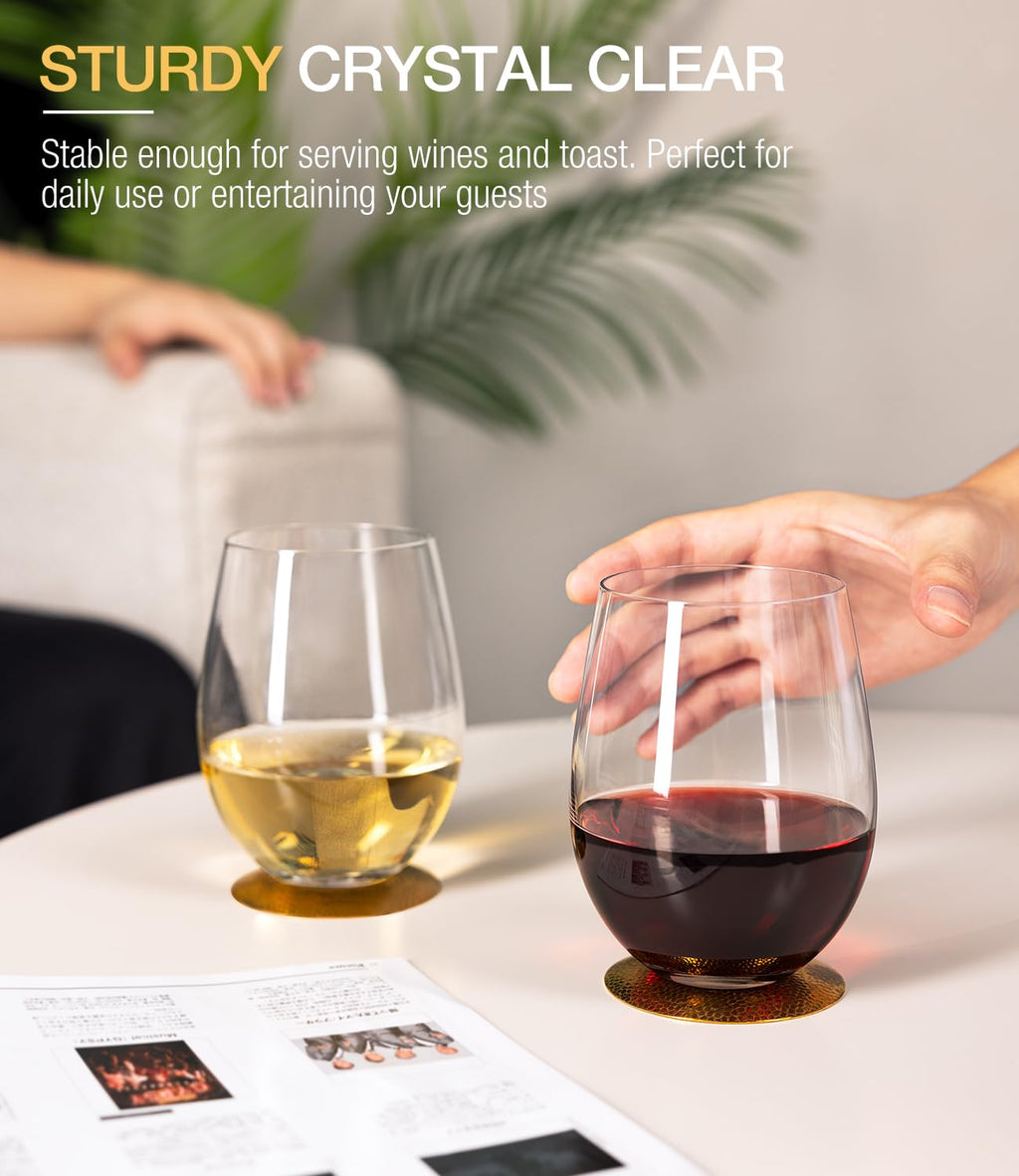 LUNA & MANTHA Stemless Wine Glasses Set of 4, 18oz Crystal Red White Wine Glasses for Daily Use, Hosting, Home Bar, Evening Party, Birthdays, Shower, Housewarming Gift, Clear