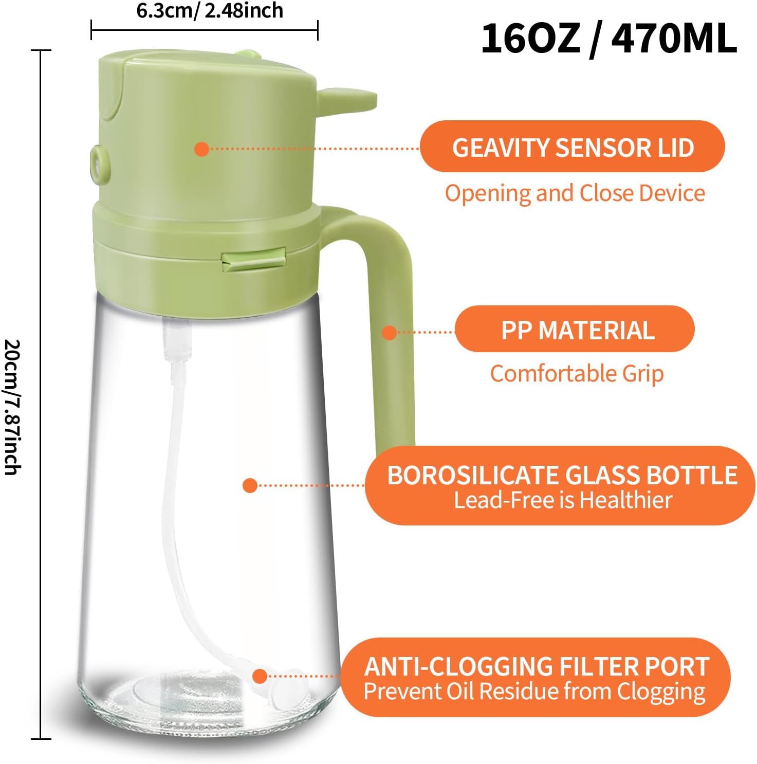 YARRAMATE 16oz Easy Refillable Oil Sprayer - Food-Grade Glass Oil Mister for Cooking & BBQ | Green
