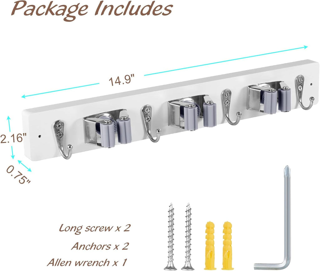 OUTNILI Wall-Mounted Mop Broom Holder - 3 Slots & 4 Hooks for Kitchen & Garden Organization