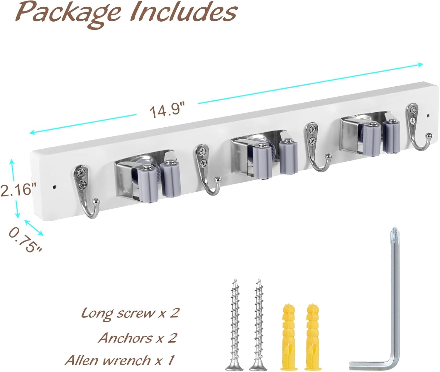 OUTNILI Wall-Mounted Mop Broom Holder - 3 Slots & 4 Hooks for Kitchen & Garden Organization