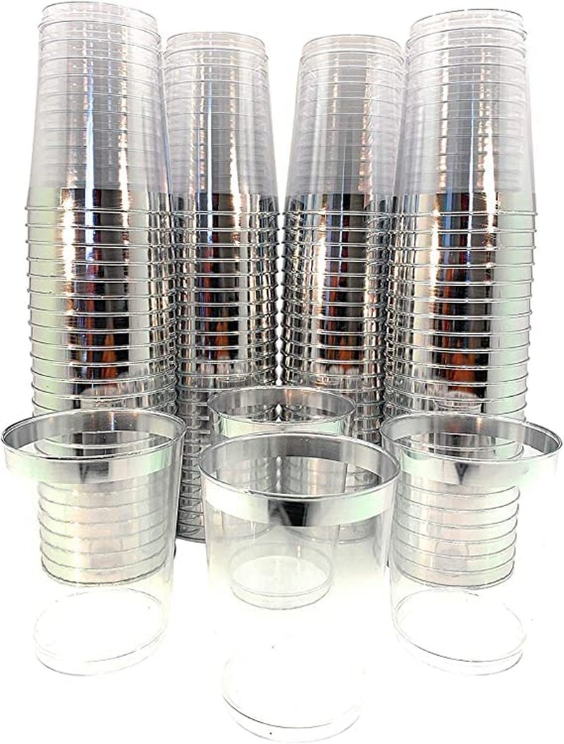 Oojami 12oz Hard Plastic Party Cups – Perfect for Home, Office, Bars, Weddings, Showers, Birthdays, Anniversaries, and Parties! Durable & Stylish Old Fashioned Tumblers (Silver Rim, 100 Pack)
