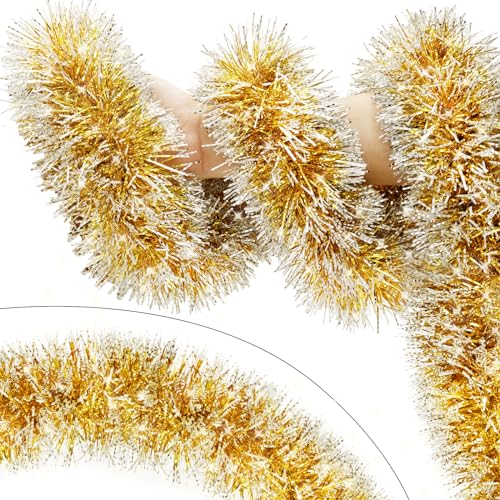 33FT Gold Tinsel Christmas Garland – Shiny Decor for Indoor/Outdoor, Includes 33FT-Gold White Variation