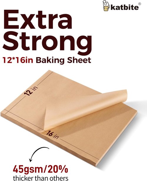 Katbite Unbleached Parchment Paper - 200 Pcs Precut 12x16 In | 15 In x 242 Ft Roll, 300 Sq.Ft for Baking