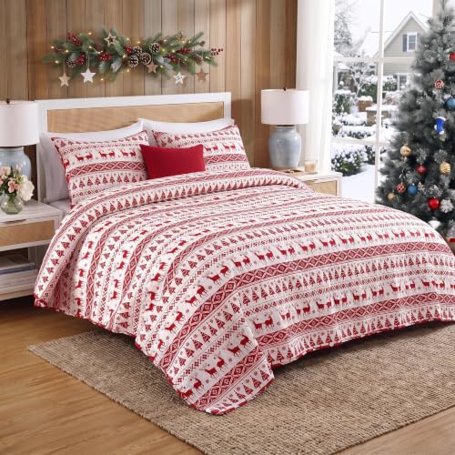 CAROMIO Queen Size Christmas Quilt Set 90x96 White/Red Holiday Bedding