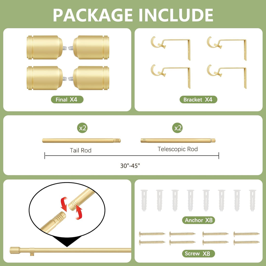 Regine Switzerland Adjustable Gold Curtain Rods - 30-45 Inch for 30-39 Inch Windows | 2 Pack with Brackets