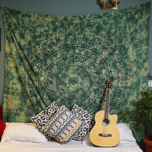 Indian Cotton Mandala Wall Hanging Tapestry - Green Boho Decor, 50x60"