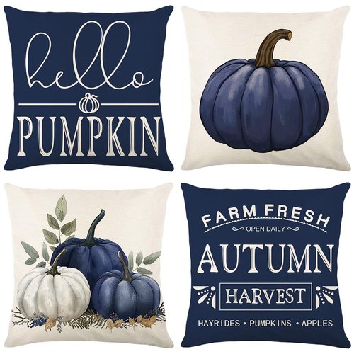MAZSHTTD Blue Pumpkin Throw Pillow Cover 18x18 Inch Set of 4 Hello Pumpkin Outdoor Indoor Decorative Throw Pillow Cover for Farmhouse Bedroom Sofa Cushion Couch Fall Decor