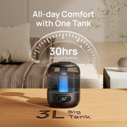 DREO Ultrasonic Humidifier - 3L Top Fill with 30H Quiet Runtime & Humidity Sensor | Black for Large Rooms