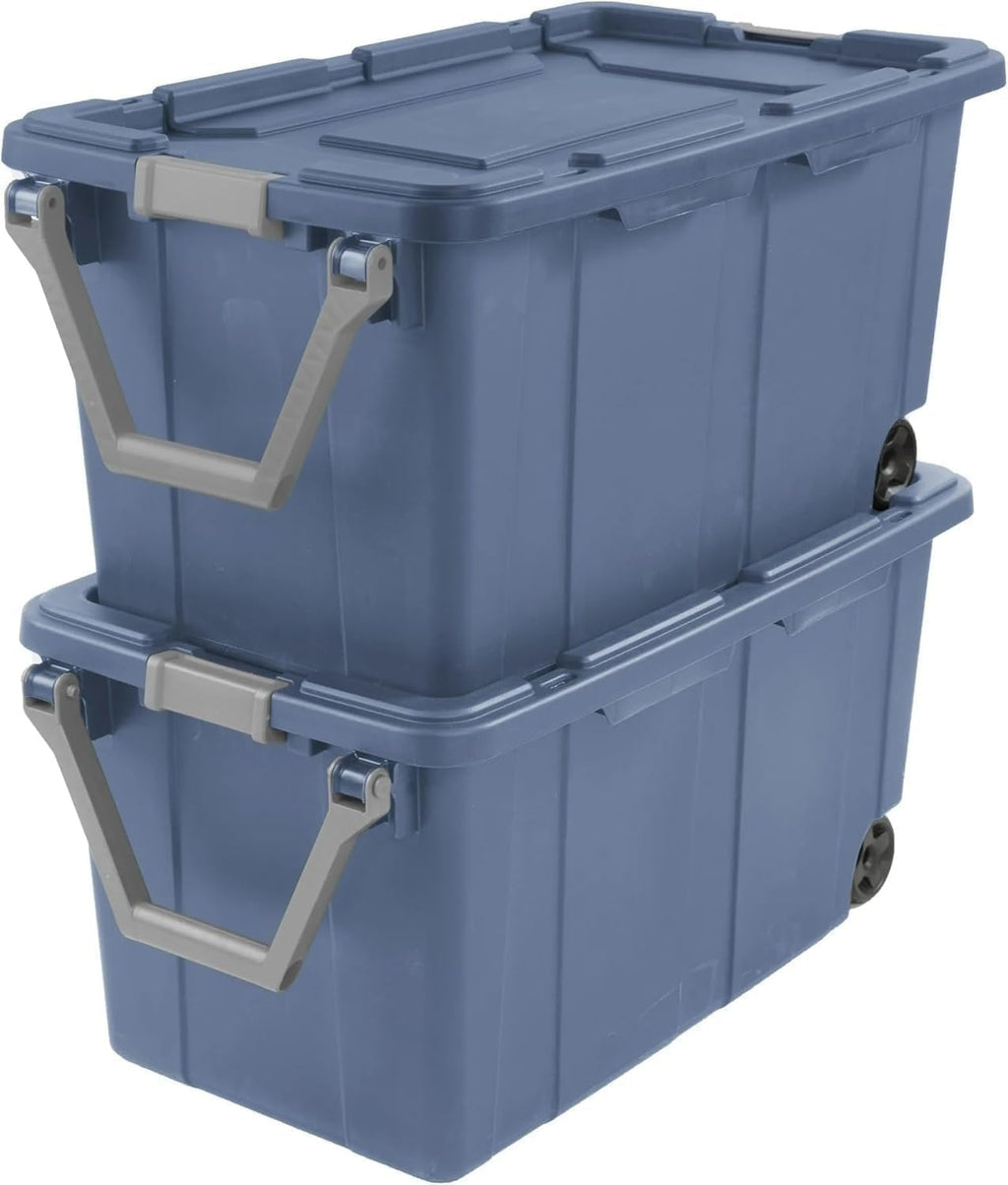 Skiennix 40 Gallon Rolling Storage Bin - Tough Stackable Tote with Lids | Blue Moonlight 2-Pack