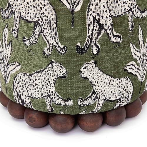 Olive Green Leopard Jacquard Ottoman with Spherical Wood Base