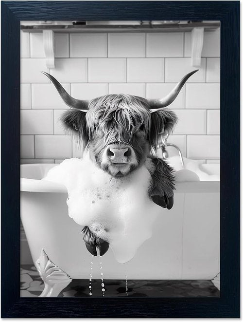 Highland Cow Wall Art | Funny Bathroom Decor - Black and White Canvas Print, Framed Animal Artwork