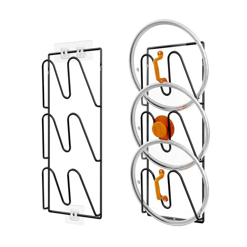 Durmmur 2 Pack Pot Lid Organizer Rack, 6-Tier Pot Lids Holder for Cabinet Door/Wall, No Drilling Adhesive Wall/Door Mounted Rustproof Pot and Pan Cover for Kitchen Storage, Classic Black