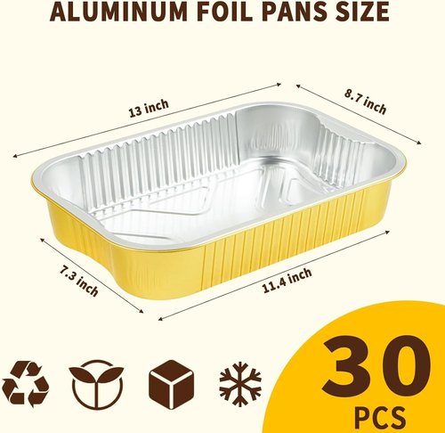 CHUPEI 30Pack 9x13 Aluminum Foil Pans with Lids Half Size Extra Heavy Duty, Gold Aluminum Foil Baking Pan Double Thick Tin Foil Food Container with Lids for Baking, Roasting, Cooking or Steam Table
