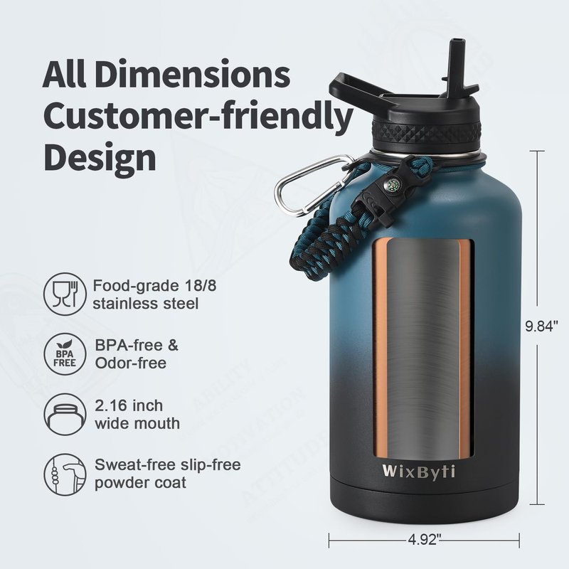 WixByti 64 oz Insulated Water Bottle with Straw (Cold for 48 Hrs), Half Gallon Stainless Steel Triple Wall Vacuum Sports Water Jug, Leakproof Hydro Cup Flask with Straw Spout Lids & DIY Stickers