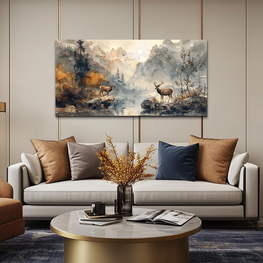 KELIYUAN Framed Canvas Wall Art Decor Living Room Large Wall Decorations For Office Mountain Landscape Ink Painting Abstract Pictures Bedroom Wall Decor Artwork Room Mural Home Decor 24x48 In