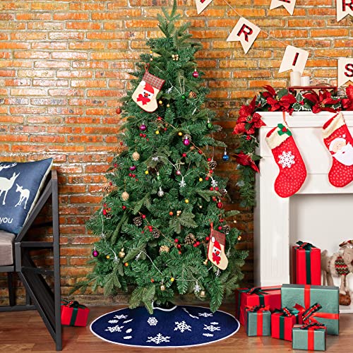 30-Inch Dark Blue Burlap Christmas Tree Skirt with White Snowflakes