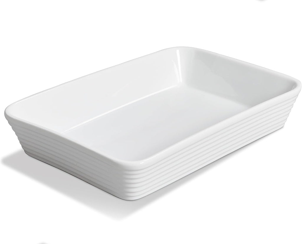 ONEMORE Ceramic Baking Dish - 9x13 Large Rectangular Casserole Pan for Family Meals | Ribbed White Bakeware