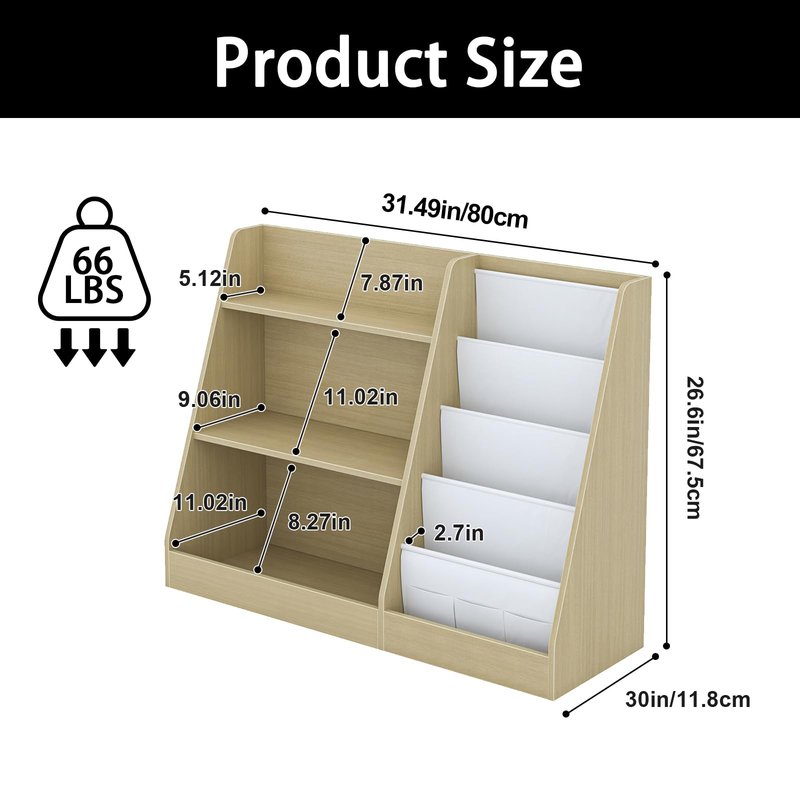 Arbuxzuy Kids Bookshelf and Toy Storage, 3 Tier Wooden Kids Bookcase with Storage, Floor-to-Ceiling Baby Book Organizer with Sling, Children Book Rack for Playroom, Classroom, Nursery, Natural