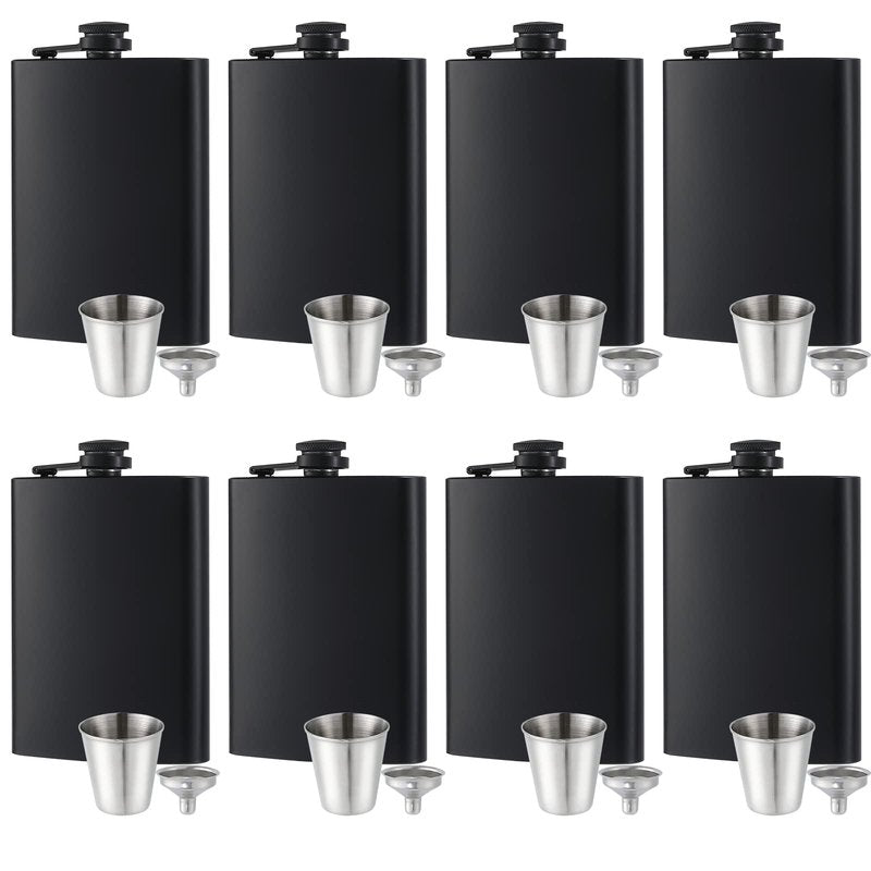 GliSun 8 pcs Flask for Liquor for Men Matte Black 8Oz Stainless Steel Leak Proof with 8 Wine Glass 8 pcs Funnel Used for Gift, Camping, Outdoor Activity, Groomsman Bridesmaid Wedding Party
