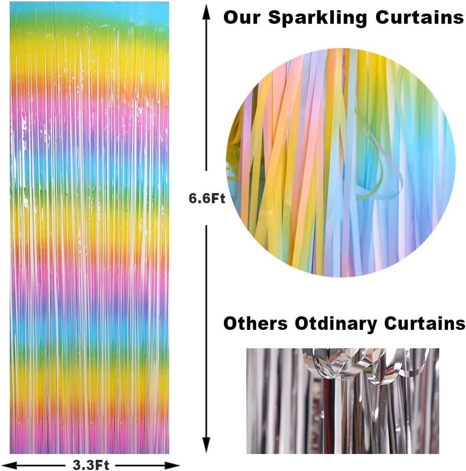 Skiennix Fringe Curtains - Tinsel Backdrop for Parties | 3 Pack Macaroon Rainbow Decorations