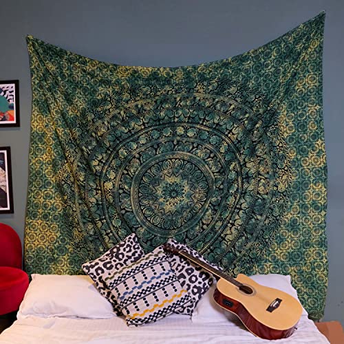 Indian Cotton Mandala Wall Hanging Tapestry - Green Boho Decor, 50x60"