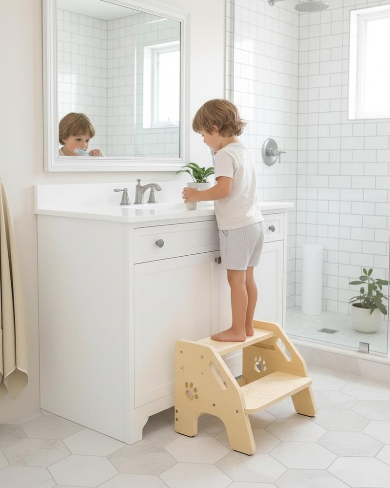 Toddler Step Stool Wooden 2 Step - Non-Slip Kids Stool for Bathroom Sink with Adjustable Height and Cute Pattern - 300lbs Support Stepping Stool for Bathroom Kitchen Children’s Room