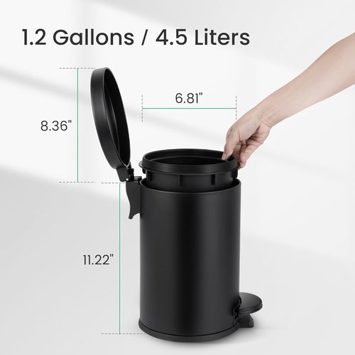 Cesun Small Black Trash Can - 1.2 Gallon Bathroom Garbage Can with Lid & Foot Pedal | Matte Finish