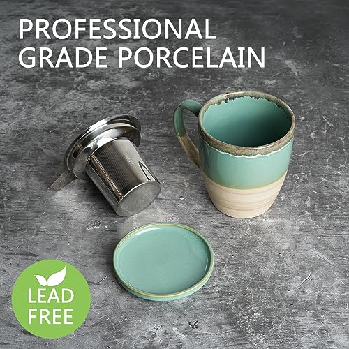 Bosmarlin Green Ceramic Tea Mug with Infuser & Lid, 16 Oz, Reactive Glaze