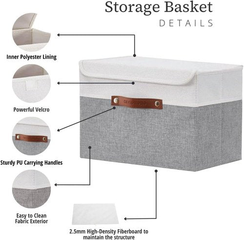 DECOMOMO Fabric Storage Bins - Stylish Grey and White Baskets with Lid | 3 Pack for Organized Shelving