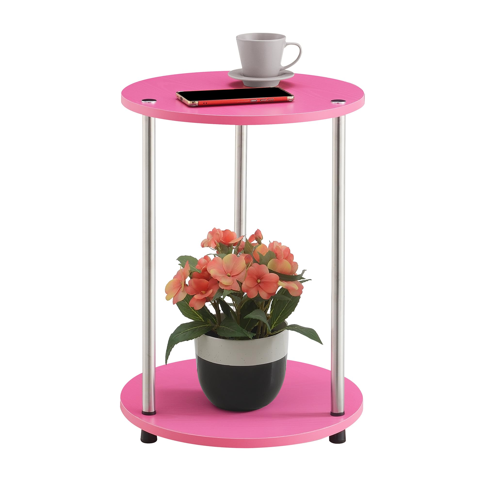 Convenience Concepts Designs2Go No Tools 2 Tier Round End Table 15.75" - Contemporary Modern Side Table with Storage Shelf for Family Room, Office, Den, Pink