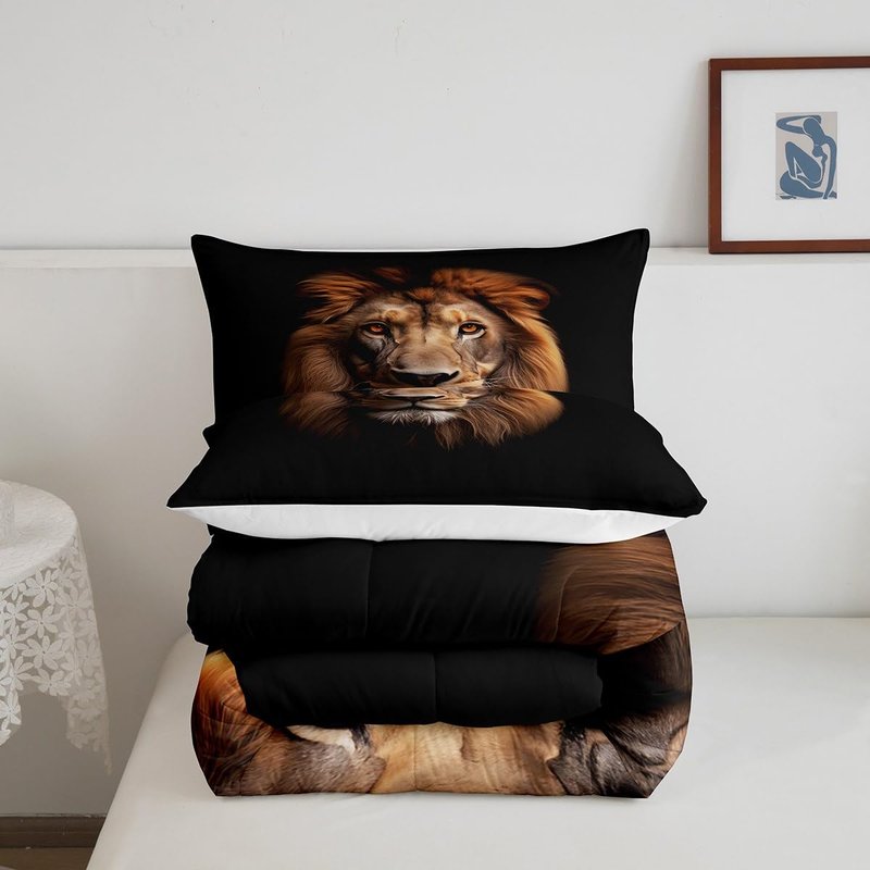 Homewish Lion Kids Comforter Set Twin Size,Wild Animals Wildlife Fur Bedding Set,Girls Boys Women Room Decor,Jungle Animals Hunting Down Comforter,Brown Black Retro Duvet Insert,1 Pillowcase