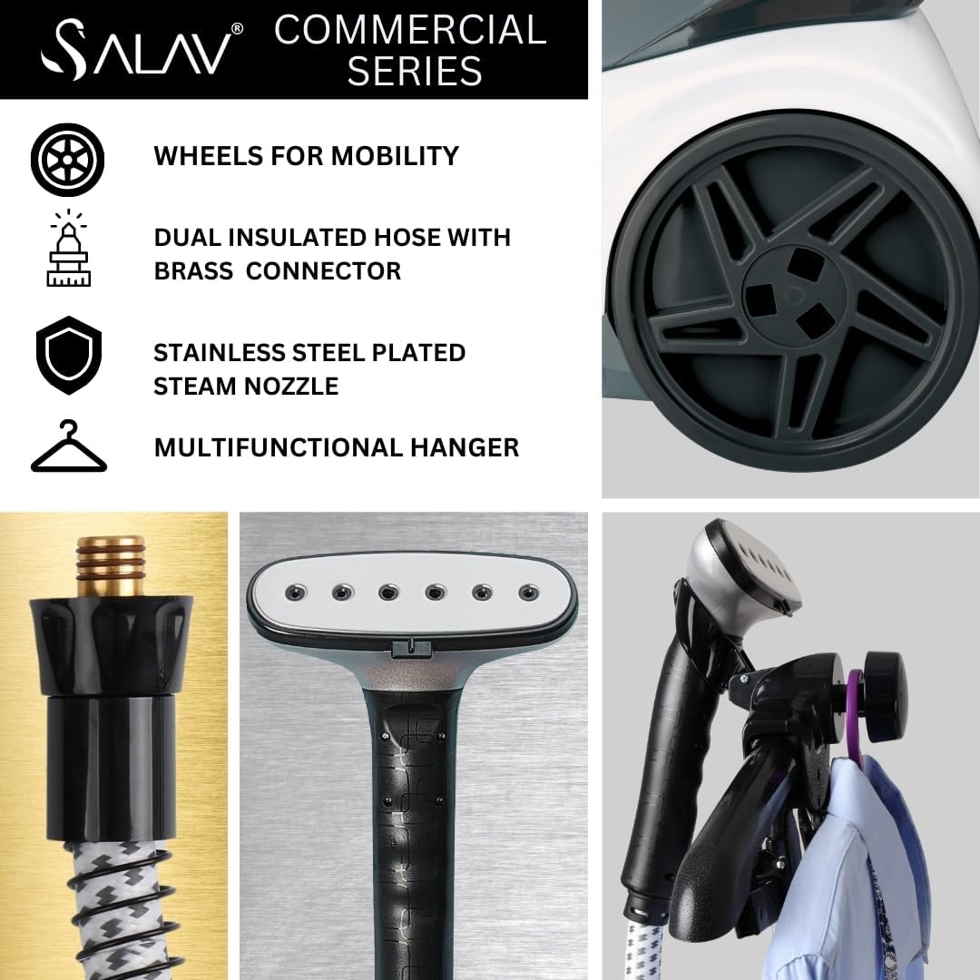 SALAV Heavy Duty Garment Steamer - 1800W with Foot Pedals & 3L Water Tank | 90+ Min Continuous Steam (White)