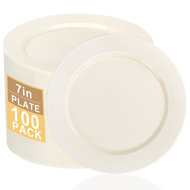 I00000 100 Pc Ivory Plastic Plates,7inch Cream Dessert Plates, Elegant Disposable Plate Perfect for Birthday, Wedding, Baby & Bridal Shower or Party (100 Guests)