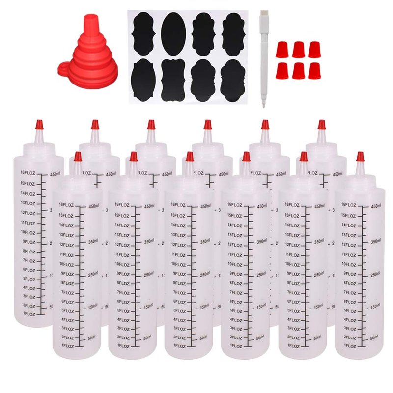 Belinlen 12 Pack 16-Ounce Plastic Squeeze Bottles with Red Cap for Food, Crafts, Art, Multi Purpose Set of 12 with extra 16 Chalk Labels 6 Red Cap and 1 Pen