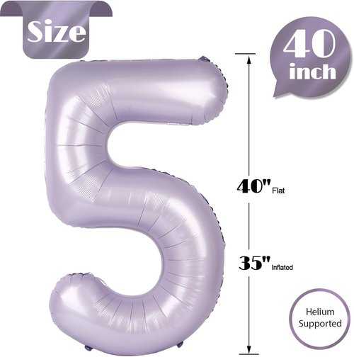 Lilac Number 5 Balloon - 40 Inch Giant Foil Balloon for 5th Birthday Party Decorations