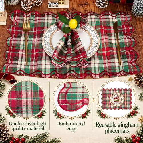 Gandeer Linen Placemats Set of 12 – 13 x 19 in, Scalloped, Christmas Red & Green