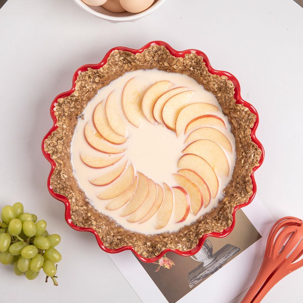 Sweejar Ceramic Pie Pan - 11.5 Inches Deep Fluted Porcelain Dish | Non-Stick Red Design for Baking Pies